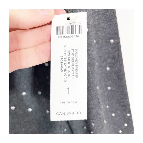 Chico's Sweater Womens Pullover Studded Bateau Neck Gray Ladies Medium NEW - Picture 5 of 7